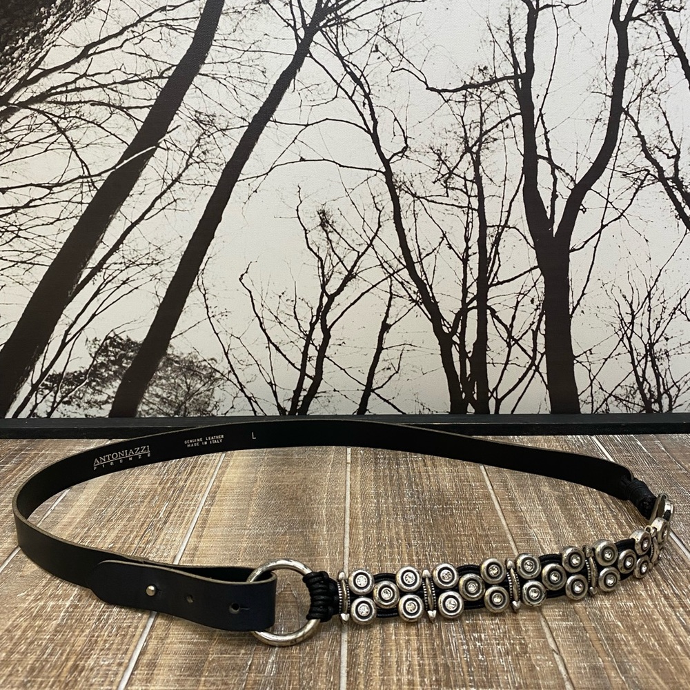 ANTONIAZZI FIRENZE Black Leather Belt Silver Hardware Rhinestones Made in Italy